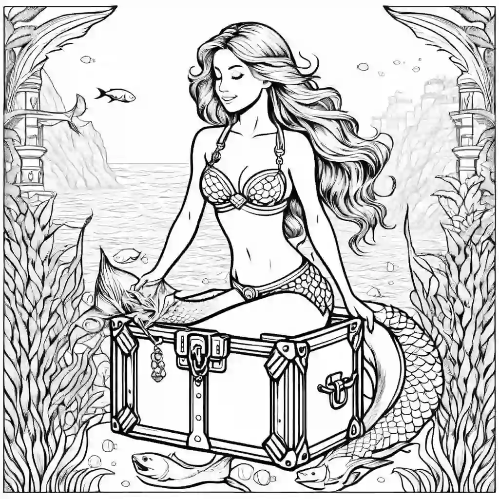 Mermaid with a Treasure Chest coloring pages
